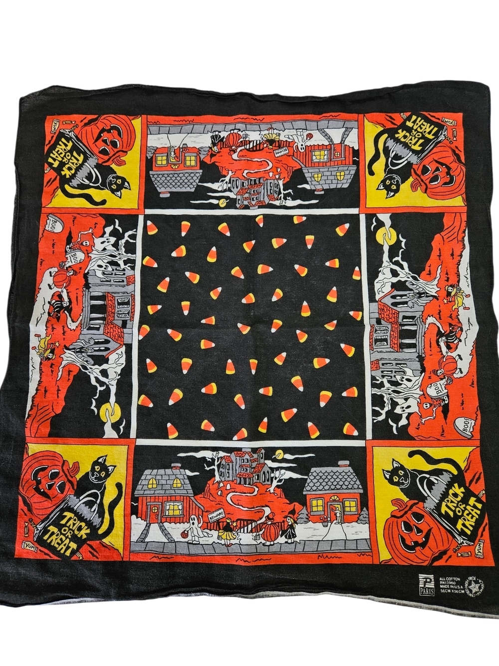 VINTAGE Halloween Spooky Square Bandana USA Made Paris Ghost Cat 21 x22" Cotton